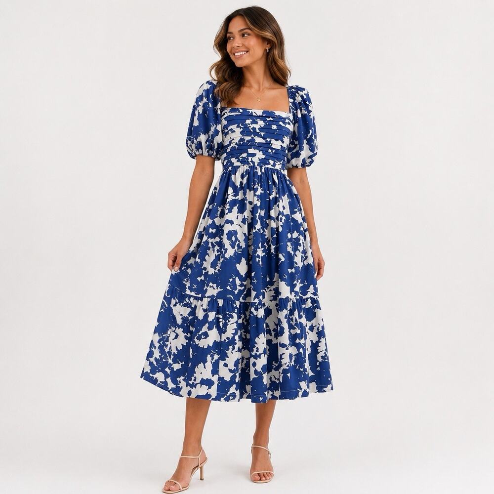 Abercrombie Cottagecore Blue Floral Milkmaid Midi Dress Small Puff Sleeve Pocket
